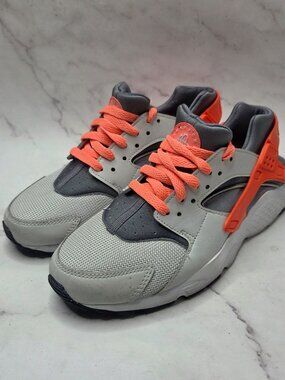 Nike Huarache Run Shoes Lace-Up Snearks Grey Orange 654280-010 Girls 6.5Y